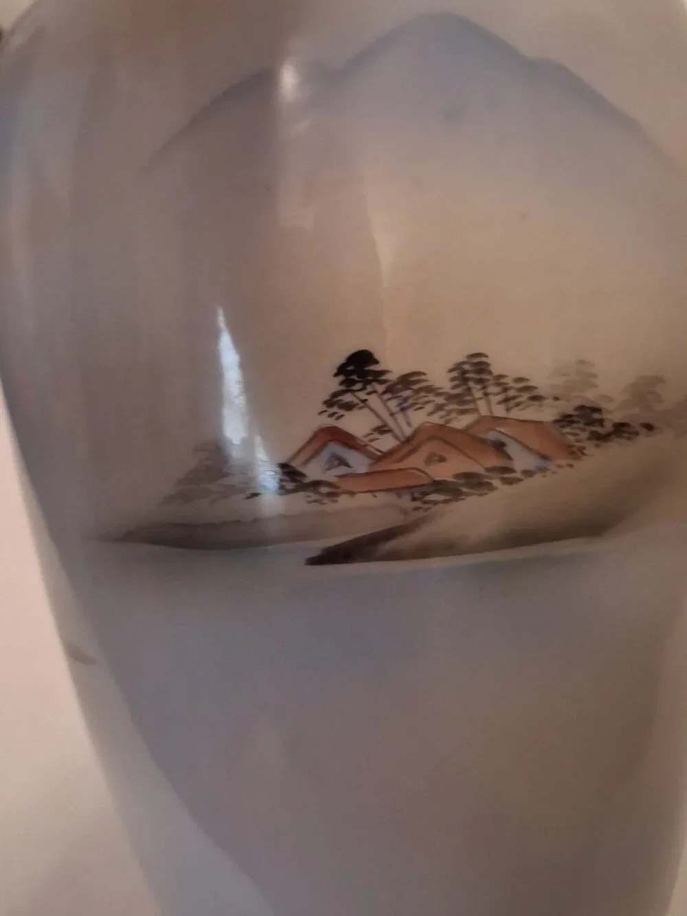 Vintage Hand-Painted Japanese Vase Pagoda & Cherry Blossom & Mountains Gold Trim